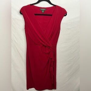 Red Midi Sheath Dress w/ Ruched Waist for flattering fit Cocktail workwear